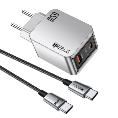 Carregador Hrebos Premium Blink Charge 65w Crg-387cc Usb-c + Usb-a Com Cabo Type-c Para Type-c | Carregamento Rápido Pd