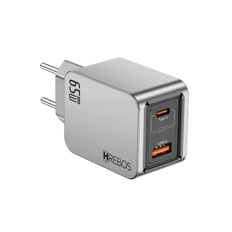 Imagem 2 de 5 do produto Carregador Hrebos Premium Blink Charge 65w Crg-387cc Usb-c + Usb-a Com Cabo Type-c Para Type-c | Carregamento Rápido Pd
