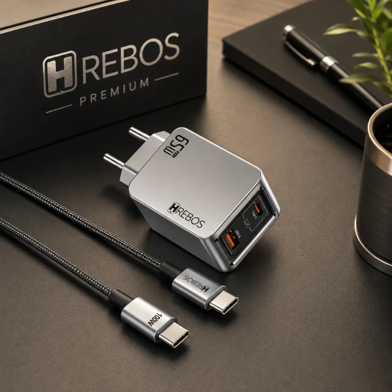 Imagem 4 de 5 do produto Carregador Hrebos Premium Blink Charge 65w Crg-387cc Usb-c + Usb-a Com Cabo Type-c Para Type-c | Carregamento Rápido Pd