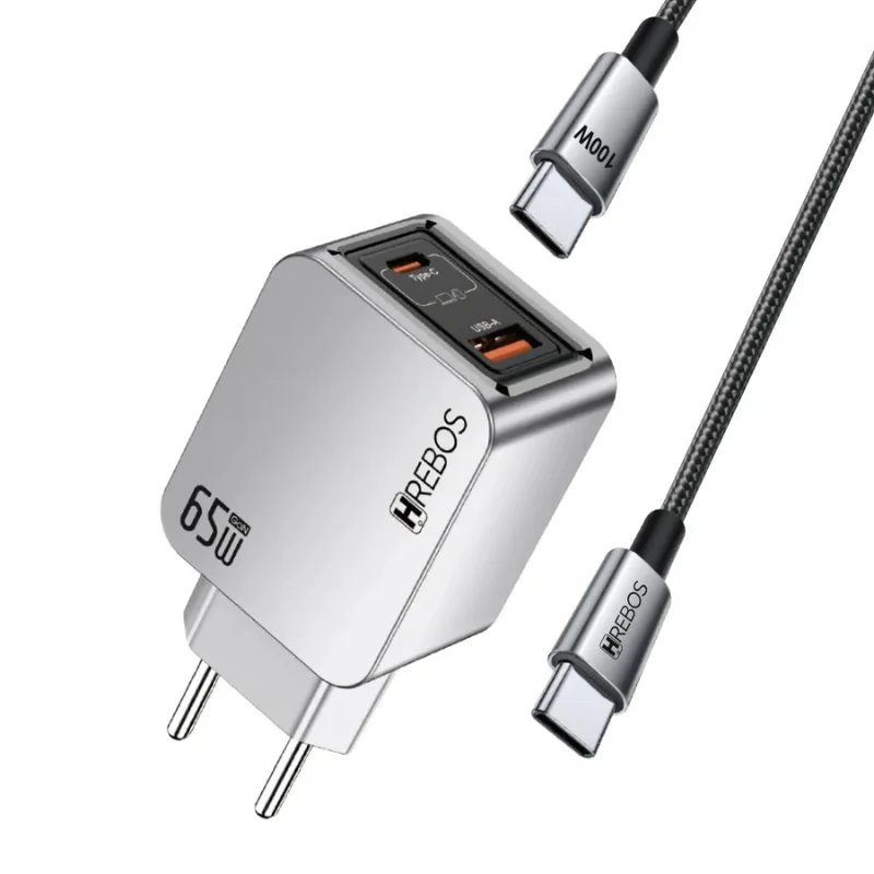 Imagem 5 de 5 do produto Carregador Hrebos Premium Blink Charge 65w Crg-387cc Usb-c + Usb-a Com Cabo Type-c Para Type-c | Carregamento Rápido Pd