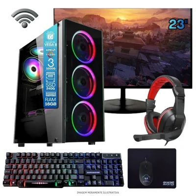 Computador Gamer Home Office Ryzen 3 3200g 16gb Ddr4 SSD 240GB Radeon Vega 8 WINDOWS 11 A320 Monitor 23 Pronto Para Uso