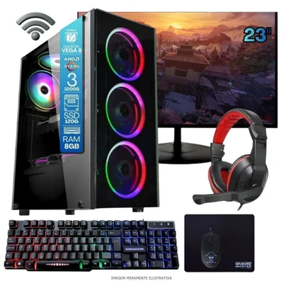 Computador Gamer Home Office Ryzen 3 3200g 8GB Ddr4 SSD 120GB Radeon Vega 8 WINDOWS 11 A320 Monitor 23 Pronto Para Uso