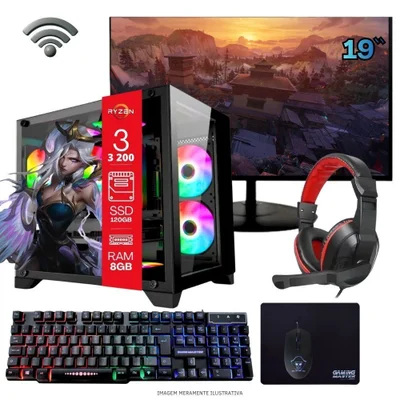 Computador Gamer Home Office Ryzen 3 3200g 8GB Ddr4 SSD 120GB Radeon Vega 8 WINDOWS 11 A320 Monitor 19 Pronto Para Uso