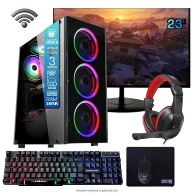 Computador Gamer Home Office Ryzen 3 3200g 16gb Ddr4 SSD 480GB Radeon Vega 8 WINDOWS 11 A320 Monitor 23 Pronto Para Uso
