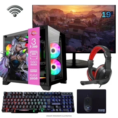Computador Gamer Home Office Ryzen 3 3200g 16gb Ddr4 SSD 960gb Radeon Vega 8 WINDOWS 11 A320 Monitor 19 Pronto Para Uso