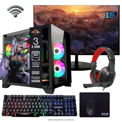 Computador PC Gamer Home Office Ryzen 3 3200g 16gb Ddr4 SSD 240GB Radeon Vega 8 WINDOWS 11 A320 Monitor 19 Pronto Para Uso