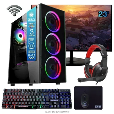 Computador Gamer Home Office Ryzen 3 3200g 8GB Ddr4 SSD 240GB Radeon Vega 8 WINDOWS 11 A320 Monitor 23 Pronto Para Uso