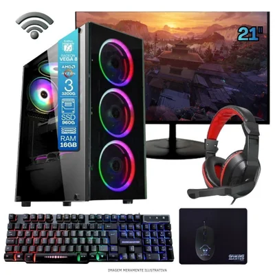 Computador Gamer Home Office Ryzen 3 3200g 16gb Ddr4 SSD 960gb Radeon Vega 8 WINDOWS 11 A320 Monitor 23 Pronto Para Uso