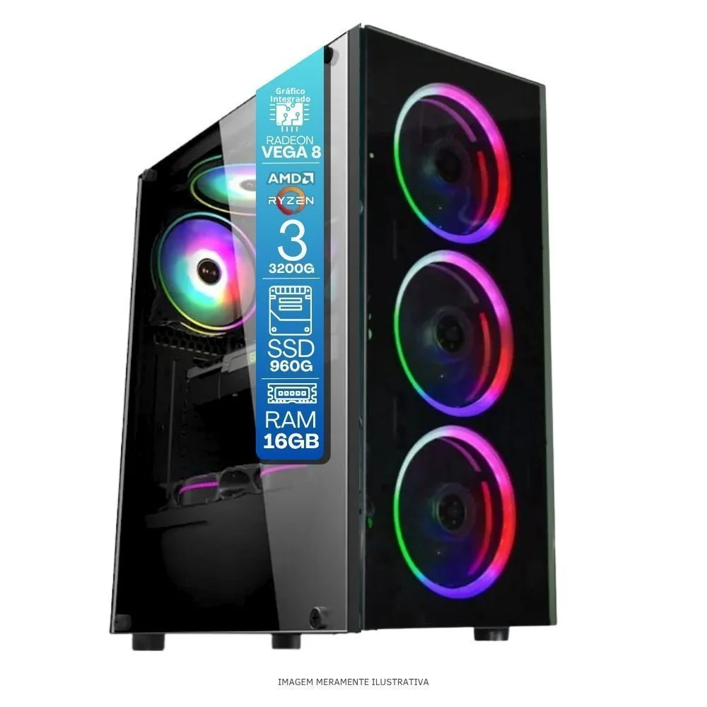 Computador Gamer Home Office Ryzen 3 3200g 16gb Ddr4 SSD 960gb Radeon Vega 8 WINDOWS 11 A320 Monitor 23 Pronto Para Uso - view 5