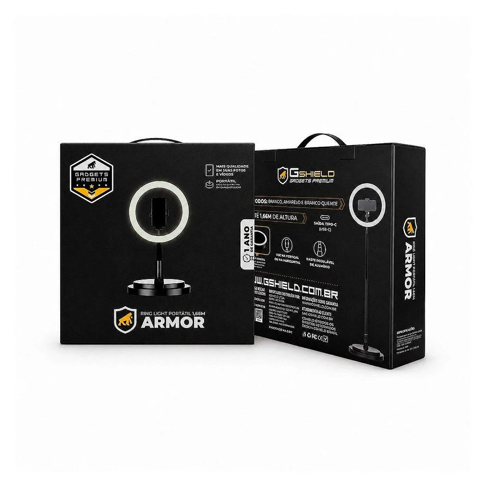 Imagem 4 de 5 do produto Ring Light LED Portátil Com 3 Tons De Iluminação Tripé Ajustável 1,66m Usb-c - Armor - Gshield
