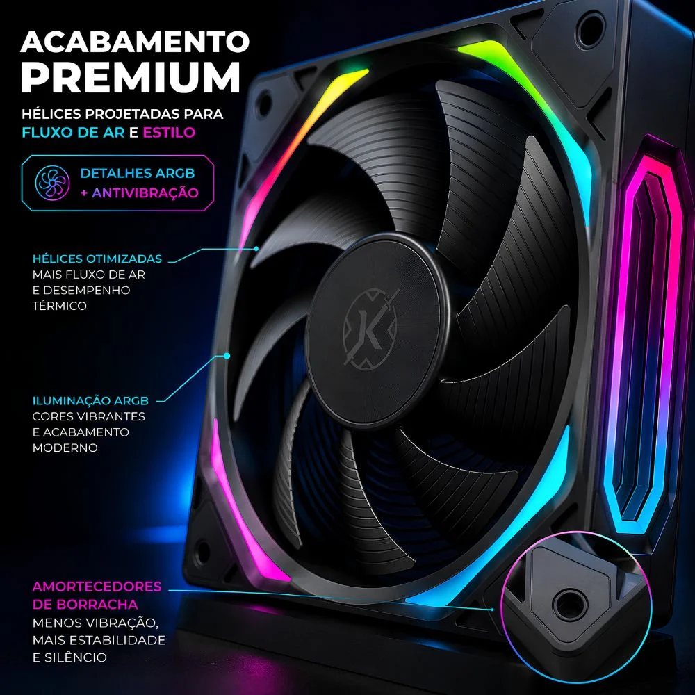 Kit 2 Fans Kalkan Halo ARGB 120mm 2200rpm Preto - Klk00019 7