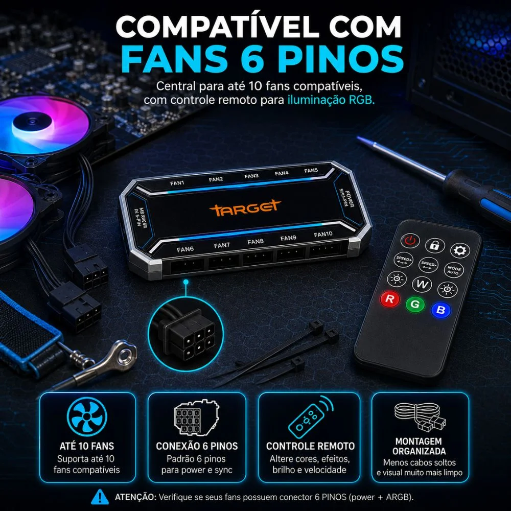 Controladora Target Hub ARGB 10 Fans 6 Pinos Com Controle 5