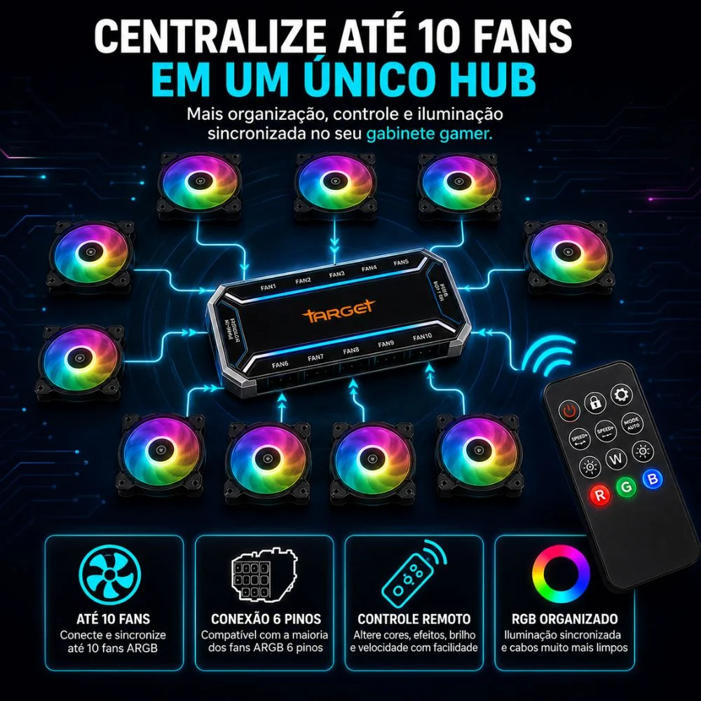 Controladora Target Hub ARGB 10 Fans 6 Pinos Com Controle 7