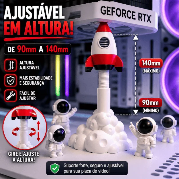 Imagem 3 de 5 do produto Suporte Para Placa De Vídeo Gpu Foguete Com 5 Astronaltas (ajustavel 90mm X 145mm)(g)