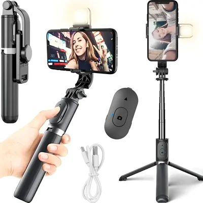 Bastão De Selfie Com Tripé E Luz, Extensível Para Celular E Câmera