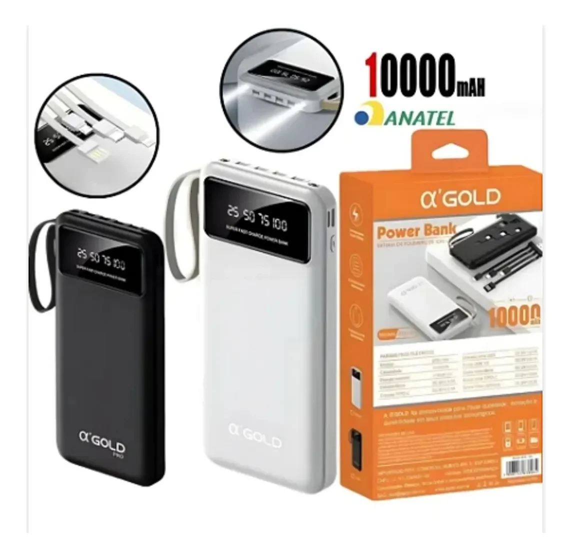 Power Bank 10.000mah Carregador Universal Com Lanterna, Visor Digital E Suporte Prático