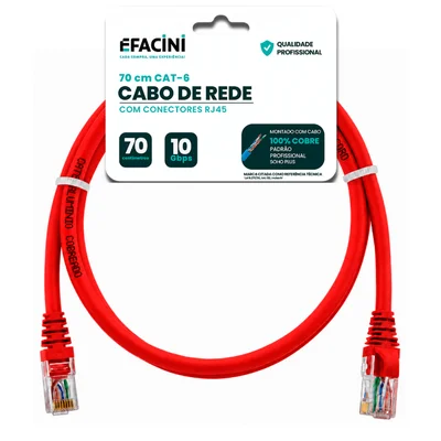 Cabo De Rede Efacini Vermelho Cat6 Ef-connect 100% Cobre, Anatel 70 Centimetros