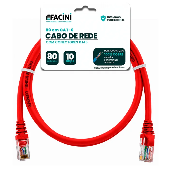 Cabo De Rede Efacini Vermelho Cat6 Ef-connect 100% Cobre, Anatel 80 Centimetros
