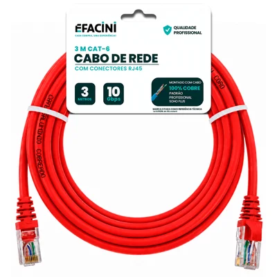 Cabo De Rede Efacini Vermelho Cat6 Ef-connect 100% Cobre, Anatel 3 Metros