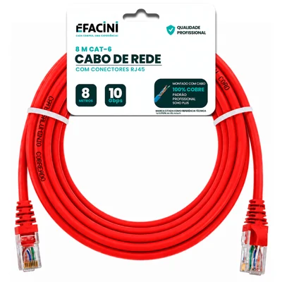 Cabo De Rede Efacini Vermelho Cat6 Ef-connect 100% Cobre, Anatel 8 Metros