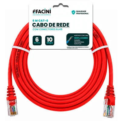 Cabo De Rede Efacini Vermelho Cat6 Ef-connect 100% Cobre, Anatel 6 Metros