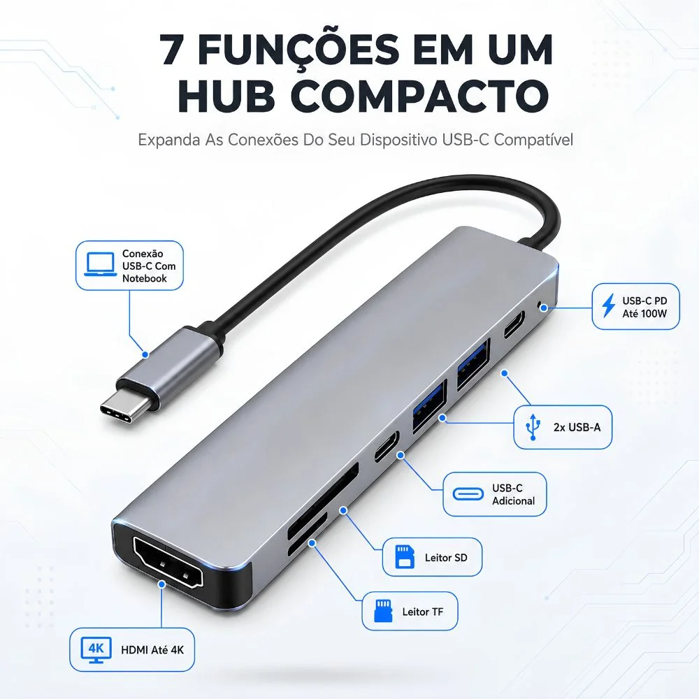 Imagem 2 de 5 do produto Hub Usb-c 7 Em 1 4k HDMI Sd/tf Pd 100w WINDOWS Ios Mac Android