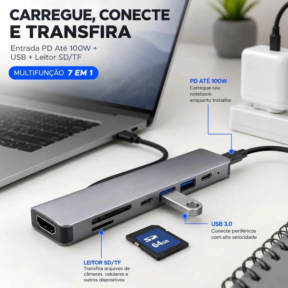 Imagem 4 de 5 do produto Hub Usb-c 7 Em 1 4k HDMI Sd/tf Pd 100w WINDOWS Ios Mac Android