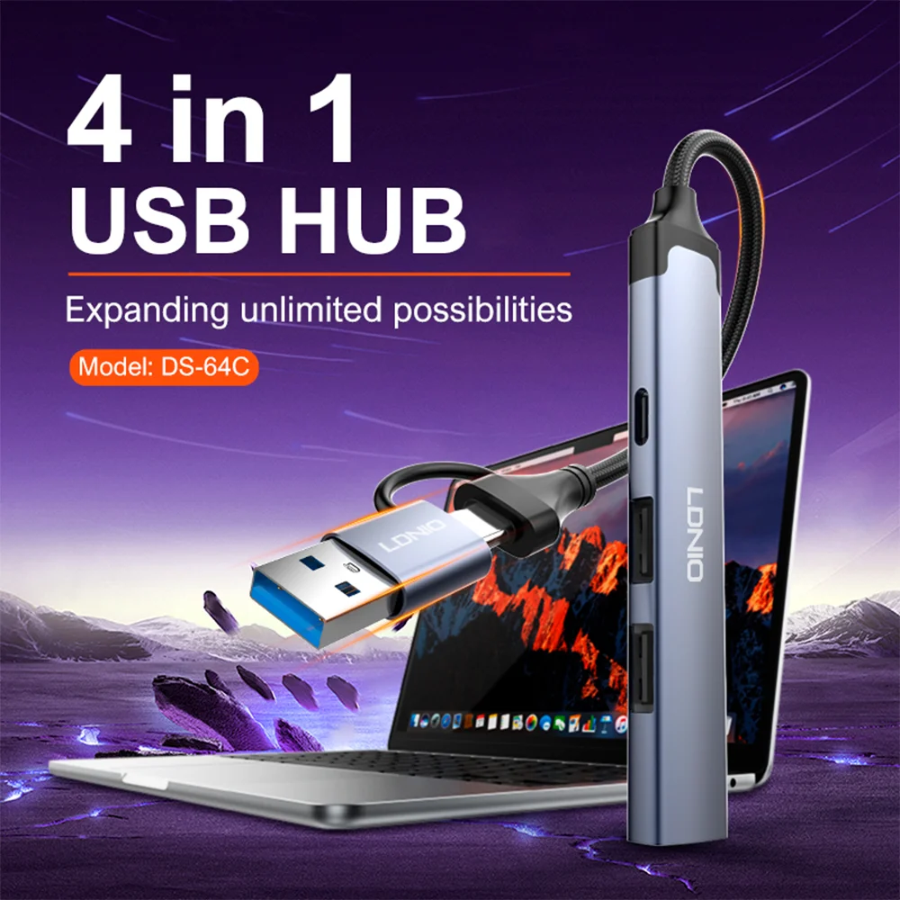 Imagem 4 de 5 do produto Hub Usb-c Ldnio Ds-64c 4 Em 1 5gbps Alumínio Cinza