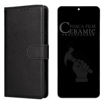 Capa Carteira Flip Preto + Película Privacidade Fosca 9d Para Moto G36 5g