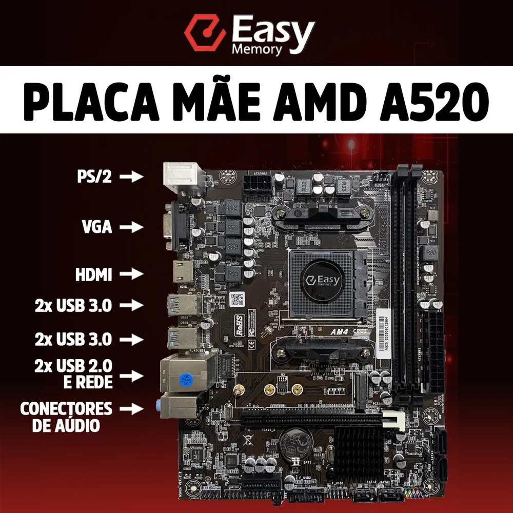 Imagem 2 de 4 do produto Placa-mãe Easy A520, Socket Amd Am4, M-atx, Ddr4, Chipset Amd A520