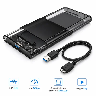 Case para HD SSD 2,5" SATA USB 3.0 Transparente 5Gbps Compatível com SSD e HD Notebook Plug & Play