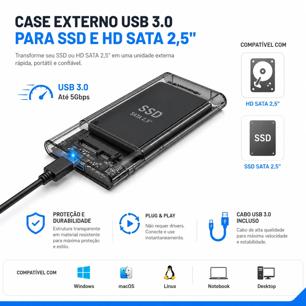 Case para HD SSD 2,5" SATA USB 3.0 Transparente 5Gbps Compatível com SSD e HD Notebook Plug & Play