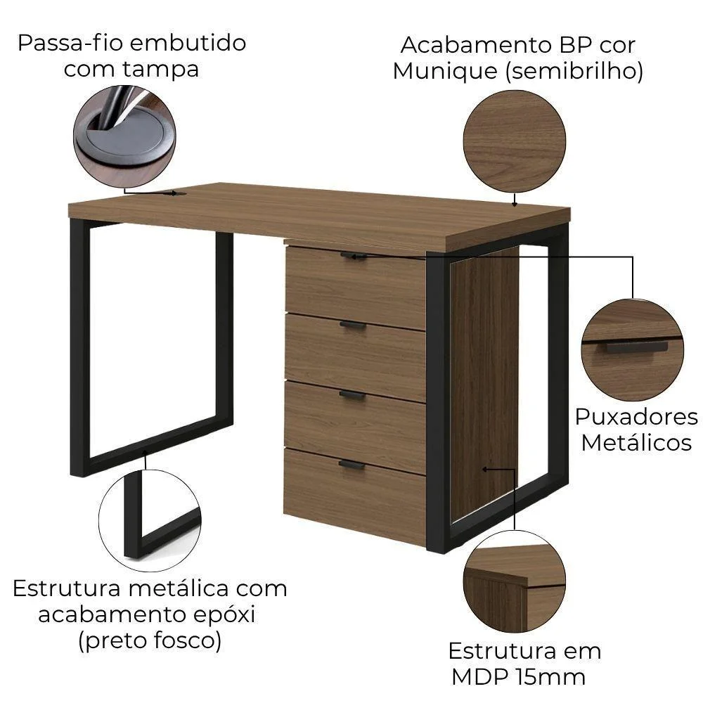 Imagem 4 de 5 do produto Mesa Escritorio 120 Cm E Gaveteiro 4 Gavetas Frame Kappesberg Munique