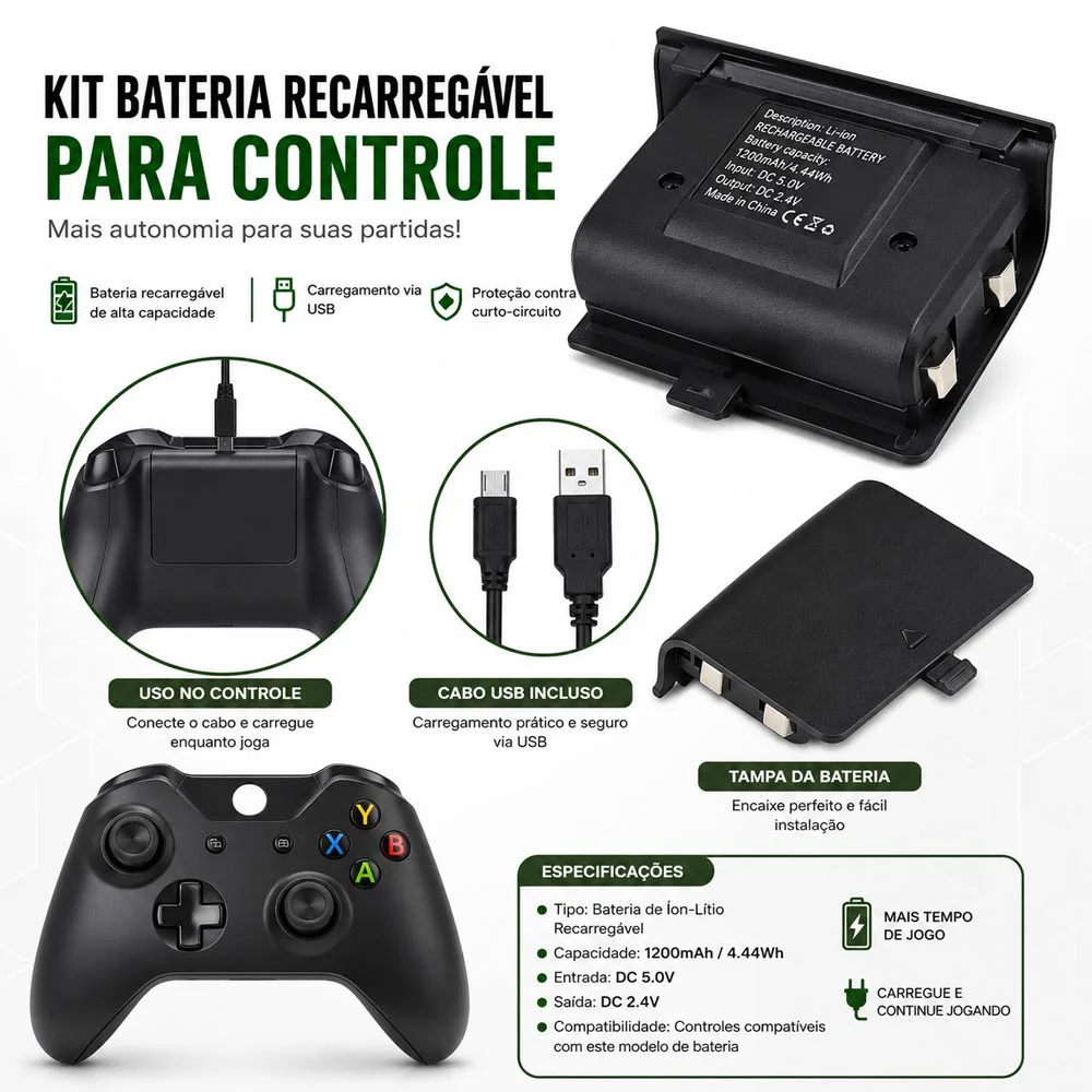 Bateria E Cabo Carregador Compatível Com Controle X Box One Charge Play Kit