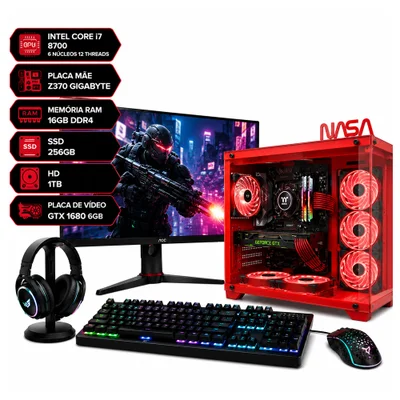 PC Gamer Completo Intel Core i7-8700, Placa de Vídeo GTX 1660 6GB, SSD 256GB, HD 1TB, RAM 16GB DDR4 e Monitor 23.4"