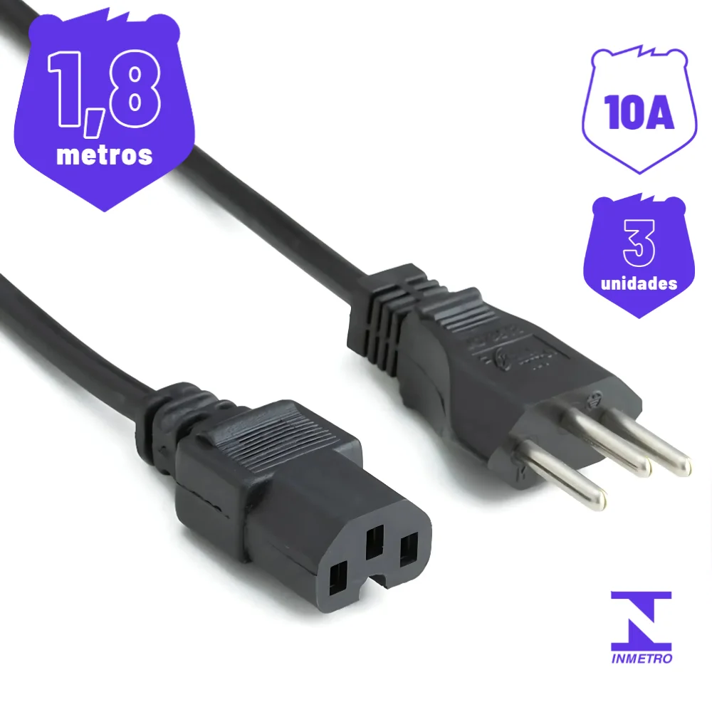 Imagem 3 de 3 do produto Kit 3 Cabo De Força Novo Padrão Para Iec C15 10a 1,80 Metros
