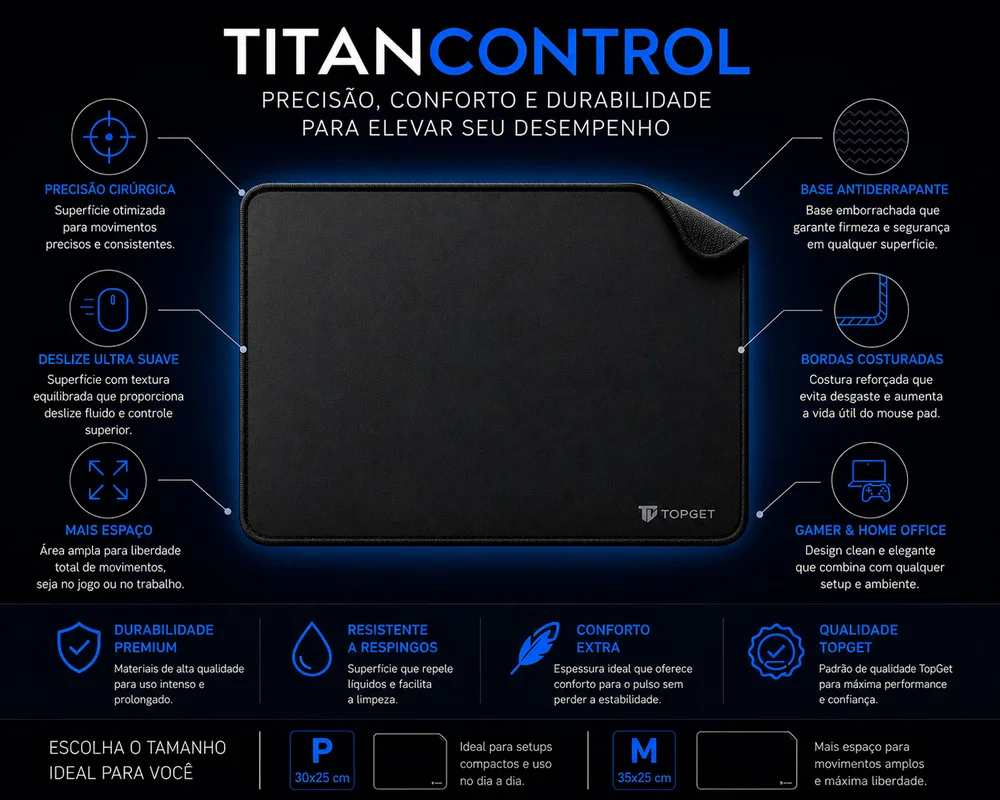 Mouse Pad 30x25 Cm Titancontrol Gamer E Home Office Premium Topget - Preto Mouse Pad 30x25 Cm Titancontrol Gamer E Home Office Premium Topget - Preto