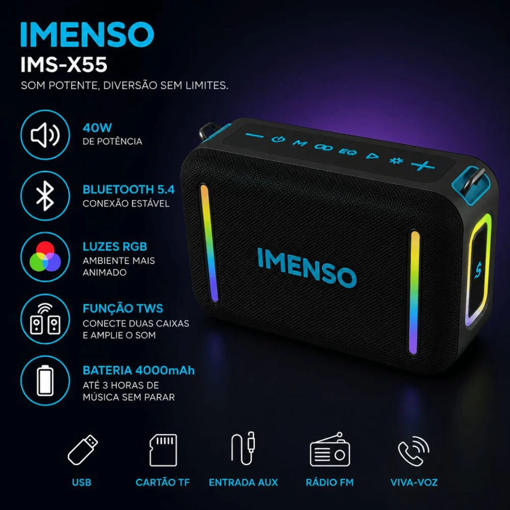 Imagem 3 de 5 do produto Caixa De Som Imenso X55 Bluetooth RGB 40w Recarregável