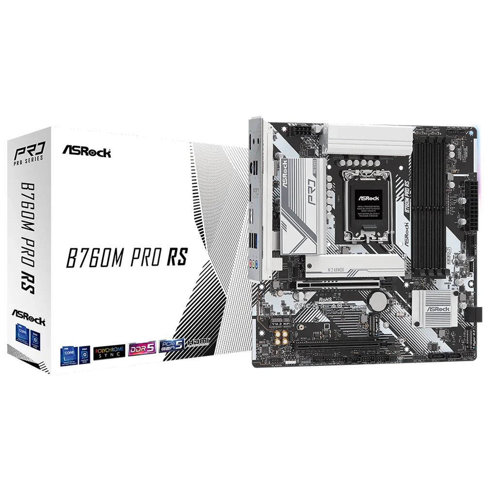 Placa Mãe Asrock B760m Pro Rs Socket LGA 1700 Ddr5 Micro Atx 4x Ddr5 128GB PCie 5.0 Usb 3.2 Gen2 RGB