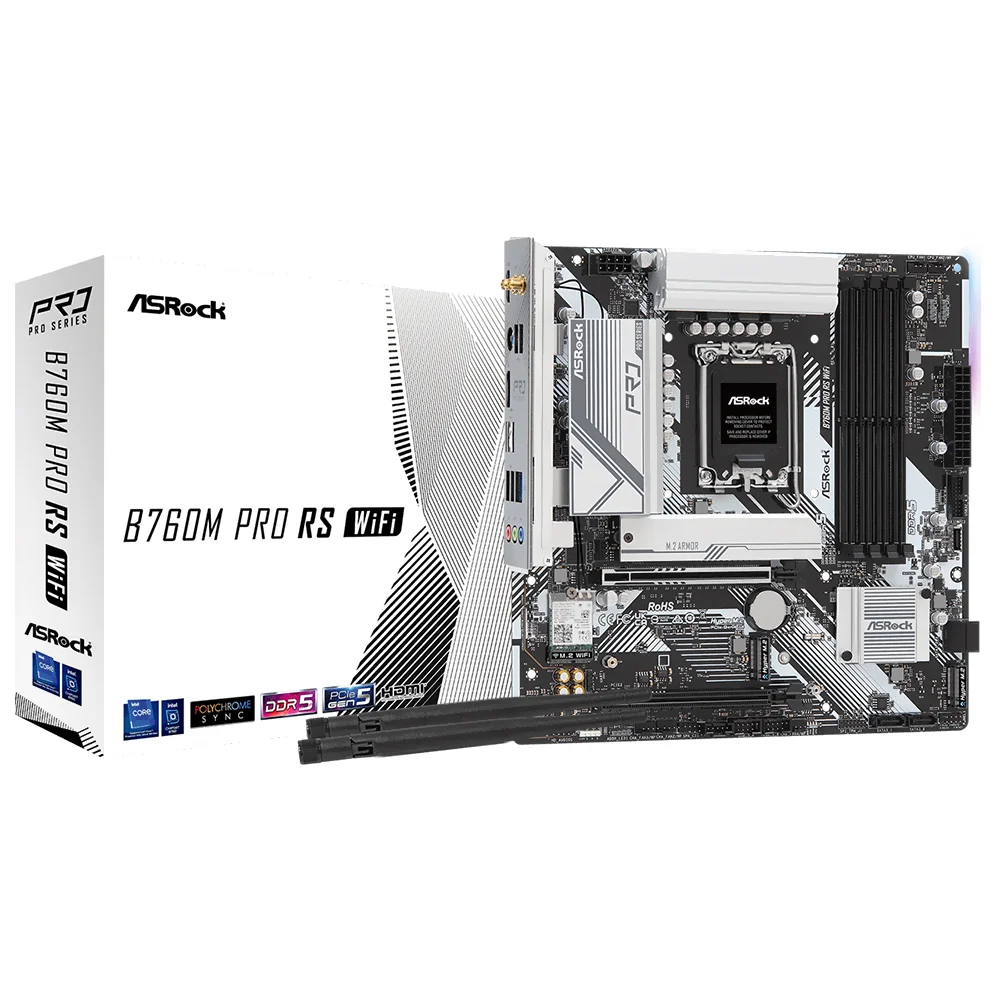 Placa Mãe Asrock B760m Pro Rs Wi-fi Socket LGA 1700 Ddr5 Micro Atx Bluetooth 5.2 PCie 4.0 RGB 4x Dimm