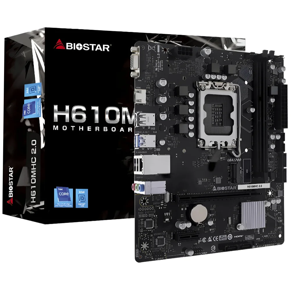 Placa Mãe Biostar H610mhc Socket LGA 1700 Ddr4 Micro Atx 2x Dimm 64gb PCie 4.0 Usb 3.2 HDMI Áudio 7.1