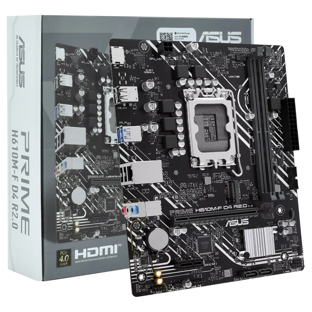 Placa Mãe Asus Prime H610m-f D4 R2.0 Socket LGA 1700 Ddr4 Micro Atx 4x Sata 6gb/s 2x M.2 12gb/s Usb 3.2 Gen 1