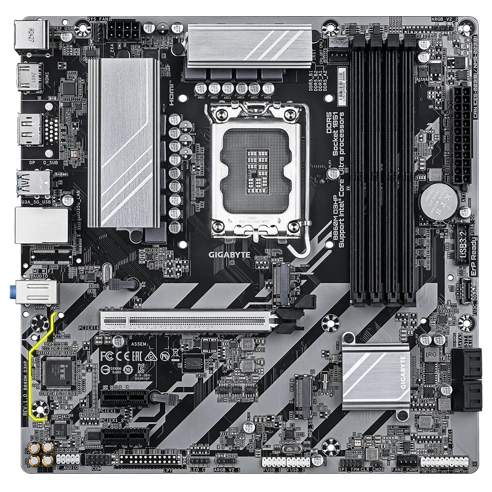 Imagem 2 de 3 do produto Placa Mãe Gigabyte B860m D3hp Socket LGA  1851 Ddr5 Micro Atx 4 Slots Memória Suporte Intel 12ª Geração