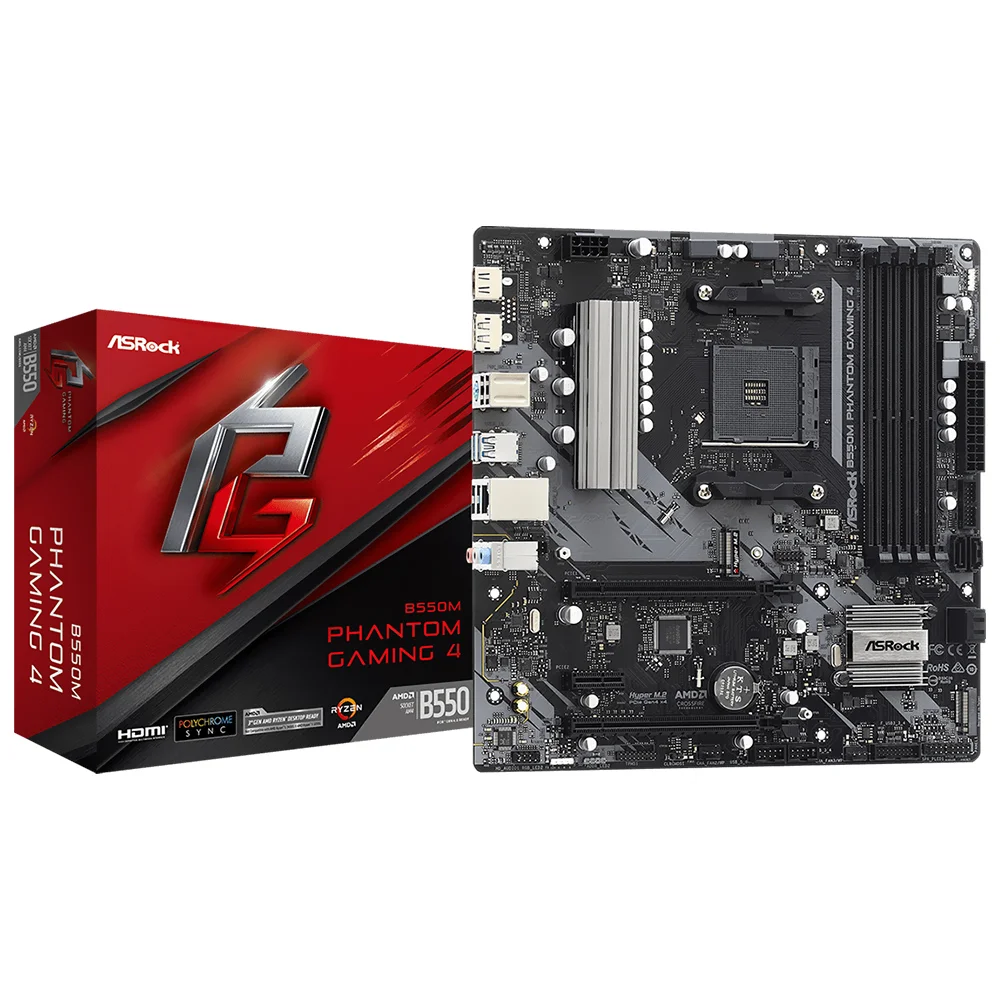 Placa Mãe Asrock B550m Phantom Gaming 4 Socket Am4 Ddr4 Micro Atx PCie 4.0 RGB 4x Sata 6gb/s Usb 3.2 Gen1