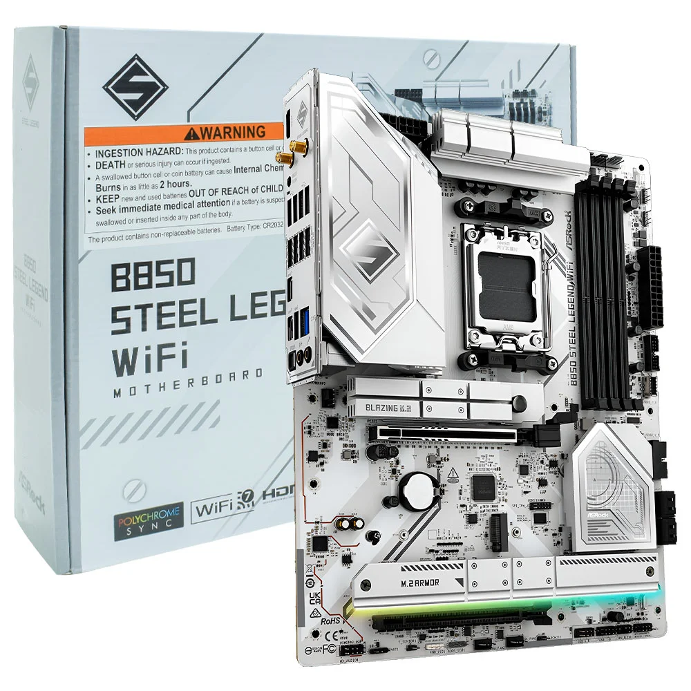 Placa Mãe Asrock B850 Steel Legend Wi-fi Socket Am5 Ddr5 Atx Bluetooth 5.2 RGB PCie 4.0 M.2 4 Slots Ram