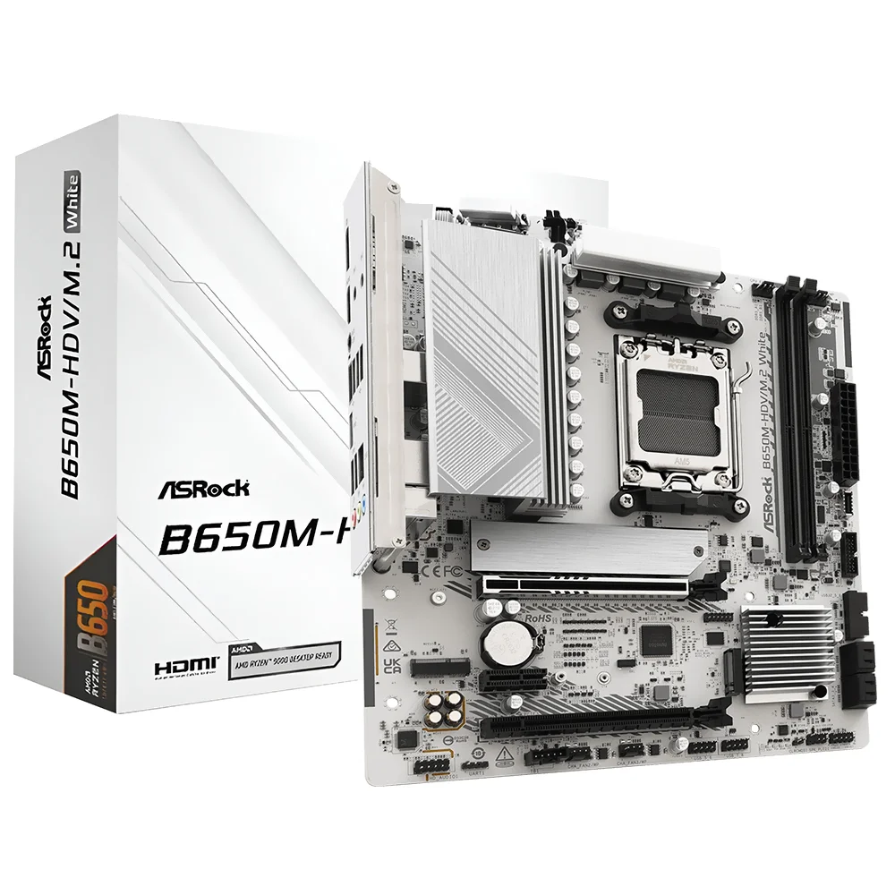 Placa Mãe Asrock B650m-hdv/m.2 White Socket Am5 Ddr5 Micro Atx PCie 4.0 2x M.2 Usb 3.2 Gen 2 RGB