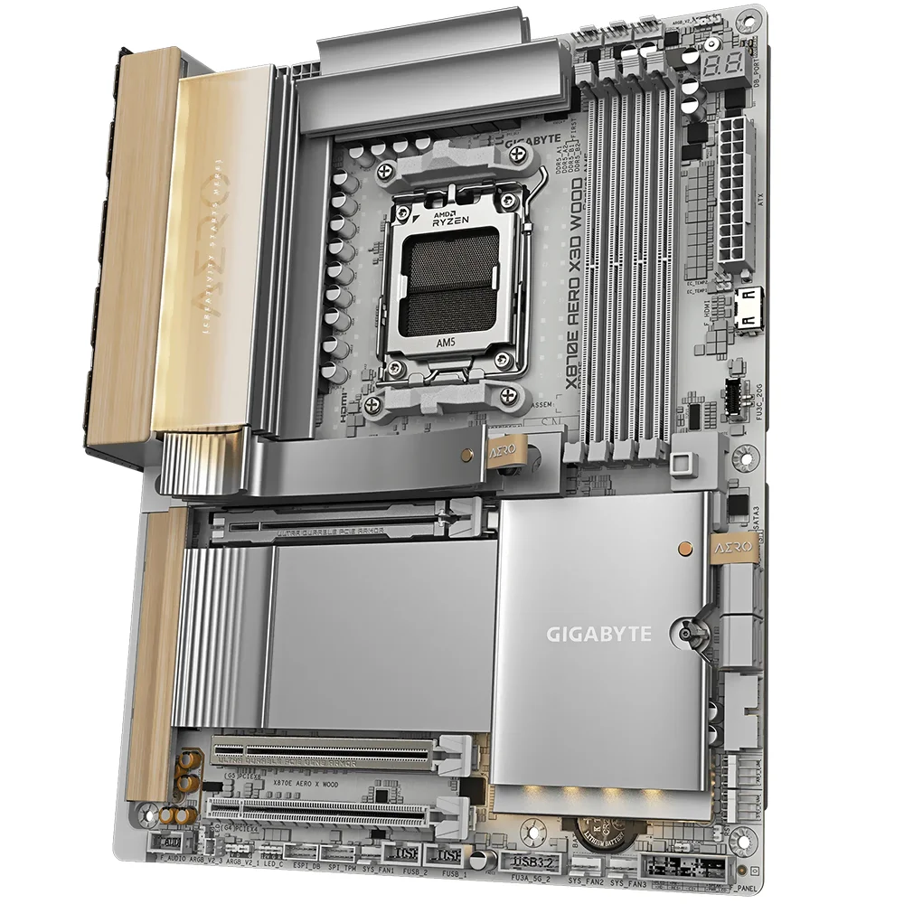 Imagem 3 de 3 do produto Placa Mãe Gigabyte X870e Aero X3d Wood Socket Am5 Ddr5 Atx PCie 5.0 RGB Wi-fi 6e M.2 4x Sata 6gb/s