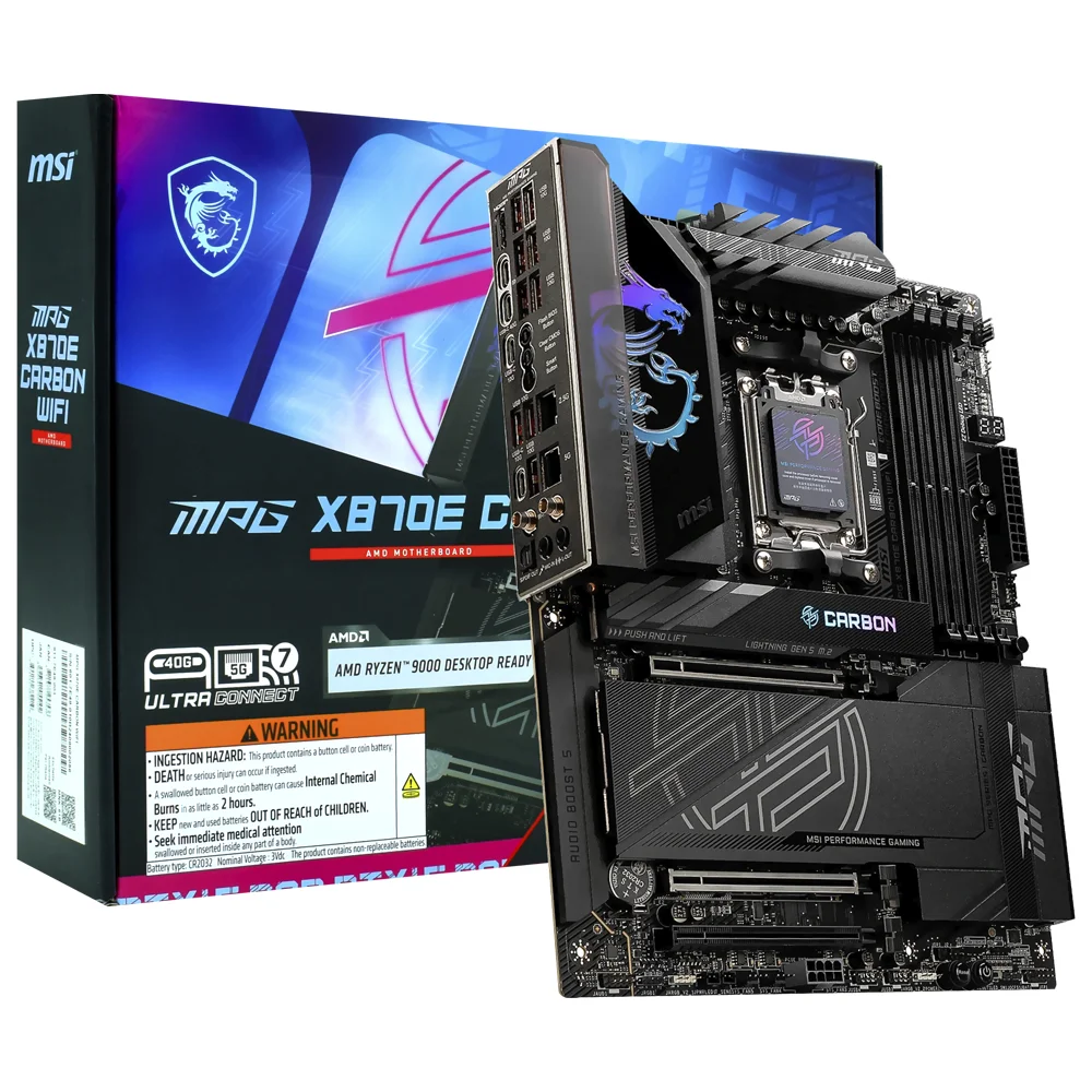 Placa Mãe Msi Mpg X870e Carbon Wi-fi Socket Am5 Ddr5 Atx Wi-fi 6e Bluetooth 5.2 RGB 4 Slots Memória 128GB