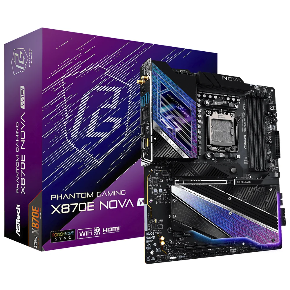 Placa Mãe Asrock X870e Nova Wi-fi Socket Am5 Ddr5 Atx Bluetooth 5.2 4x M.2 8x Usb 3.2 Gen2 RGB Gaming