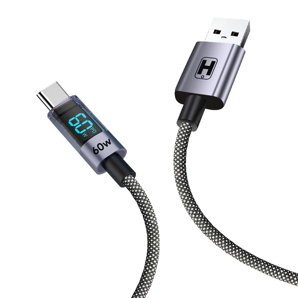 Imagem 2 de 5 do produto Cabo Hrebos Cb-274c NeoLED 60w Usb-a/usb-c Display 2m Preto